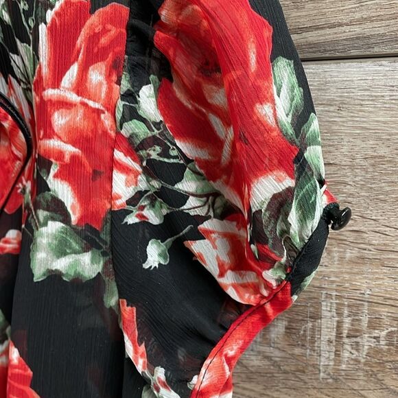 A Byer Blouse Set,Button Cardigan& Spaghetti Strap Top,M, Floral Black and Red - Picture 7 of 13
